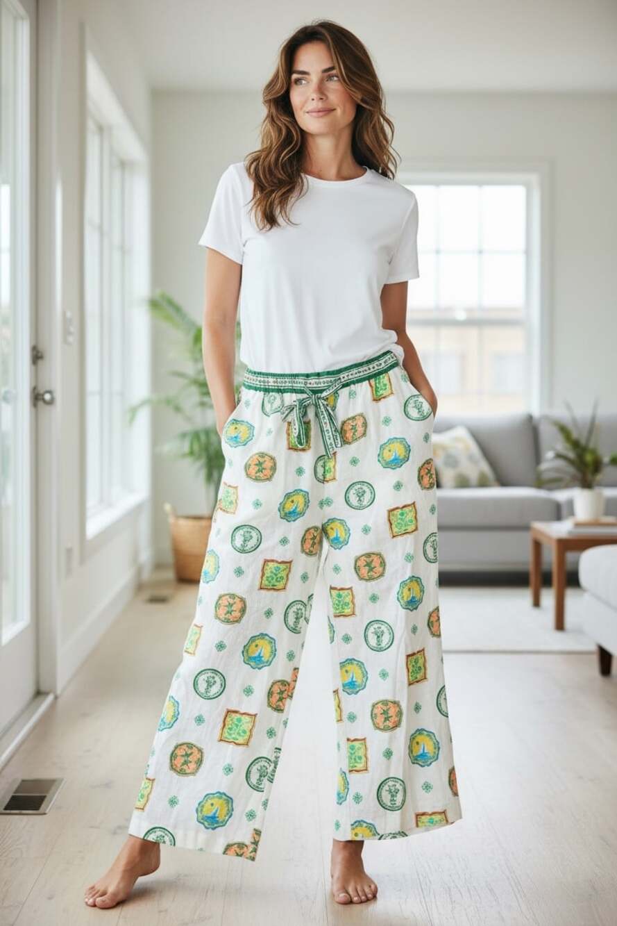 Maison D' Amelie Linen  Wide Leg Tie Waist Printed Pants